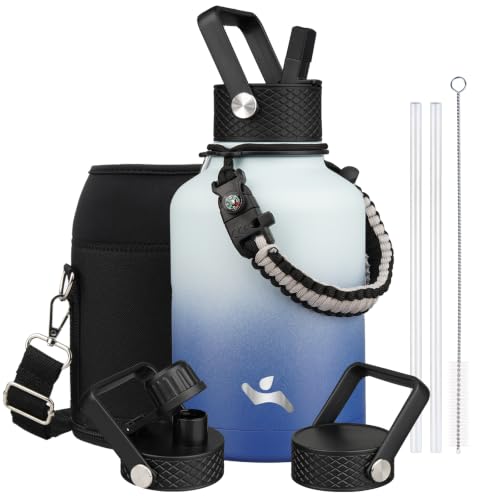 Image of Konokyo Insulated Water Bottle with Straw,50 oz 3 Lids Water Jug with Carrying Bag,Paracord Handle,Double Wall Vacuum Stainless Steel Metal Flask,Sky