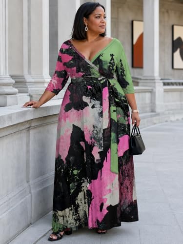 Image of SUZONANA Plus Size Maxi Dresses for Curcy Women Casual Loose 3 /4 Sleeve Long Dress with Belt