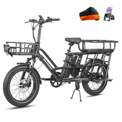 Fafrees Longtail E-Bike 20 * 3.0 Zoll, E-Lastenrad 250W 25km/h, ebike Damen 12Ah*2 Akku, E-Fahrrad 75N.m Reichweite 100-140km, Tragkraft 200kg (Vorderkorb + Kindersitz, Schwarz)