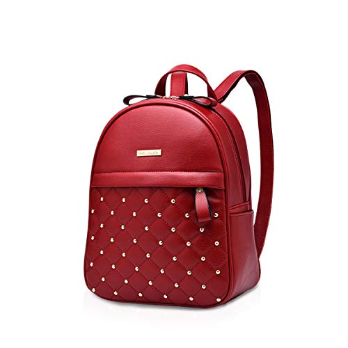 Zaino da Moda Borsa a tracolla da con rivetto Reticolo Casuale Daypack Vino donna leggero pelle sintetica rosso