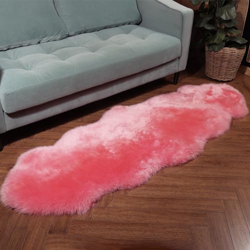 Premium Genuine Fur Sheepskin Rug Real Australia Sheepskin Natural Luxury Fluffy Lambskin Fur Area Rug Seat Covers for Kids Bedroom Sofa Chair Cover (Pink, Double Pelt/2ft x 6ft)
