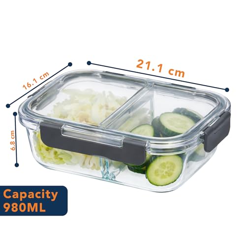 Image of Glass Lunch Box with 2 Compartments | Leakproof Borosilicate Glass Lunch Container with Airtight Lid | BPA Free Tiffin Box for Office, School & Travel (2x980ml)