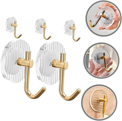 Image of Self Adhesive Golden Wall Hook Hanger with Magic Stiker Acrylic Transparent Adhesive Hooks for Wall-Set of 5pcs (Golden Hook-5)