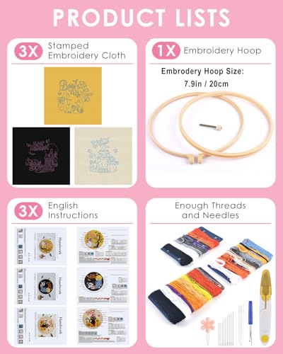 Image of Halloween Embroidery Kit for Adult, 3 Sets Embroidery Stitch Practice kit | Include Embroidery Cloth Hoops Threads for Craft Lover Hand Stitch