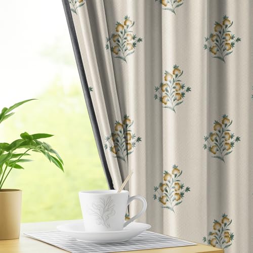 Image of LINENWALAS Printed Blackout Curtains for 7 Feet Door | Set of 2 | Printed Drapes | Thermal Insulated, Room Darkening Panels with Grommet Hanging for Living Room (Golden sprig)
