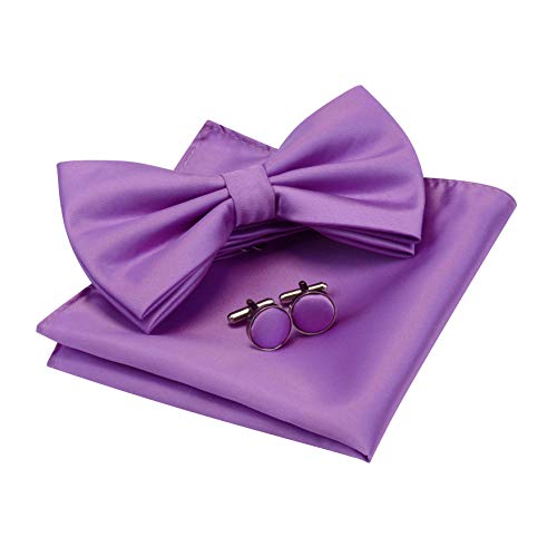 Image of GUSLESON Men's 3-pc Solid Color Bow Tie Gift Set - Double‑Fold Pre-Tied Bow Tie, Pocket Square, Cufflinks - Wedding Formal Party