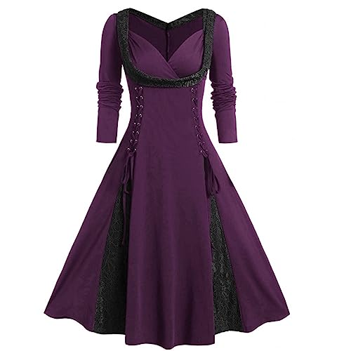 Halloween Kostüm Damen Hexe, Waldfee Kostüm Damen, Gothic Kleidung Damen Schnürkleid, Vintage Mittelalter Gebunden Taille Kleid, Renaissance Party...