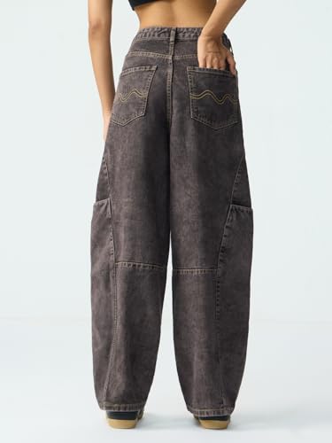 Image of The Souled Store: Barrel-Fit Denim: Women and Girls Washed Cotton Twill Barrel Fit Lightweight Adjustable Rise Everyday Casual Denim Jeans