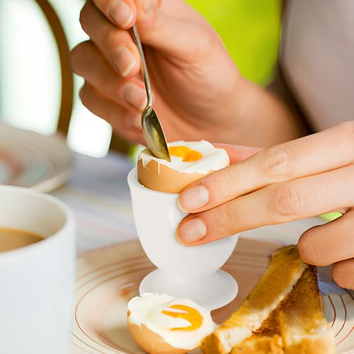 Image of 5 Pcs Ceramic Egg Cup & Egg Topper Cutter Set for Soft Boiled Eggs | Include 2 White Porcelain Egg Cups, 1 Stainless Steel Egg Cutter, 2 SS Spoons in Kitchen for Breakfast Cooking /Gift Childhood