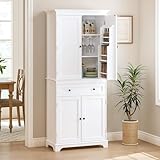 Spirich 71'' Tall Kitchen Pantry Cabinet, Wood Food Pantry Cabinet with Drawers and Wine Glass Rack, Freestanding Storage Cabinet for Kitchen, Living Room, Dining Room, White