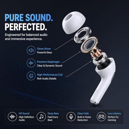 Image of Wireless Bluetooth Earbuds with Fast Pairing, ANC Mic, Hi-Fi Stereo Sound, Touch Control, Type-C Charging Case, IPX5, TWS Earphones for Calling, &Gaming Music (Black)