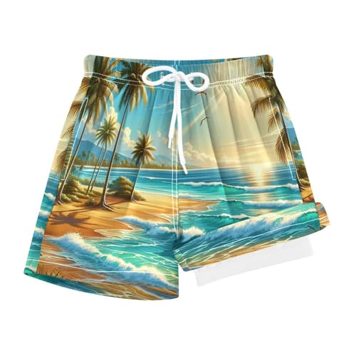 YANENDIE Boy Swim Trunks with Compression Liner Beach Scene Palm Trees Boys Swim Shorts Quick Dry Beach Shorts