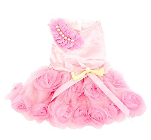 PAIDEFUL Haustierkleid für Kleine Hunde Katzen Mädchen Sommer Luxus Welpen Hochzeitskleid Rose Blume Spitze Tutu Rock Seidig Bowknot Geburtstags Party Kleid Hundekleid Chihuahua Kleidung Pink L