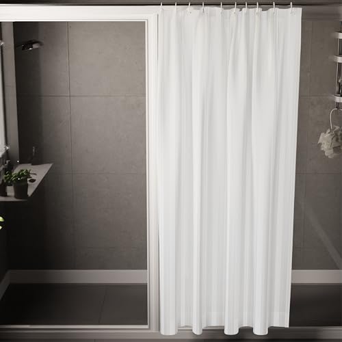 Image of Encasa XO Waterproof Shower Curtain for Bathroom 6 x 6.5 feet(183x200 cm), Anti-Fungal Polyester Washroom Curtain with 12 Hooks, Wet & Dry Partition Toilet Curtains Stripe White