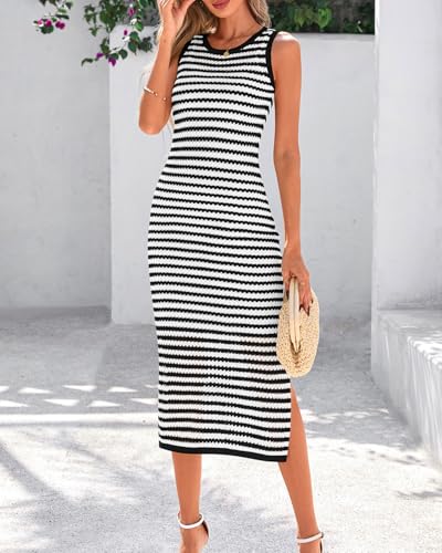 Image of Zenlonr Women's Sleeveless Summer Dresses 2025 Casual Crochet Knit Sundress Striped Long Tank Dress Beach Slip Dress