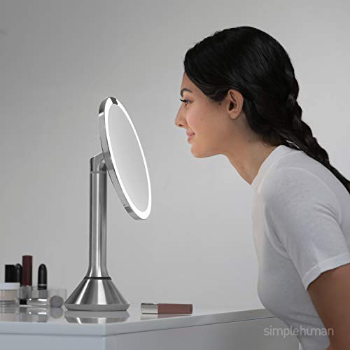 simplehuman 8" Round Sensor Makeup Mirror with Touch-Control Dual Light Settings, 5X Magnification, Rechargeable and Cordless, White Stainless Steel by simplehuman - Image 2