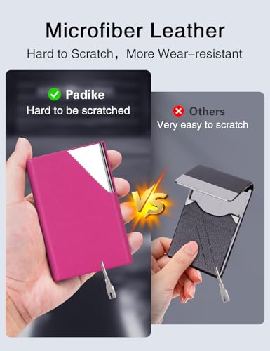 Image of Padike Business Card Holder, Upgraded Leather Business Card Case Pocket Card Holders for Men or Women, Metal Slim Name Card Holder RFID Blocking Business Card Carrier with Magnetic Closure (Rose red)
