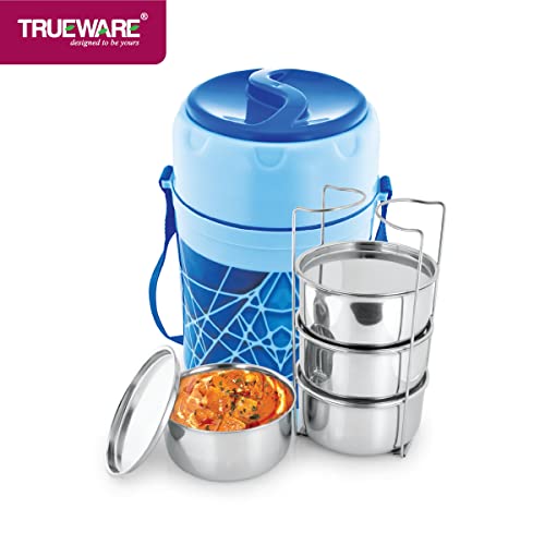 Image of Trueware Trendy 4 Inner Steel Outer Plastic thermoware Lunch Box | 4 Container 300 ML Each-Blue | PU Insulated | Lunch Box | Tiffin | Hot lunch box | Leak Proof | Easy to Carry | Hot & Cold Food Grade| BPA Free | Stainless Steel Dabbi | Office | Outdoors | For Men, Women, and Kids
