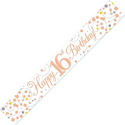 9ft Banner Sparkling Fizz 16th Birthday White and Rose Gold Holographic