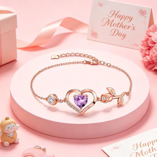 Image of 1CT Rose Heart Bracelet Moissanite Lab-Grown Sapphire Ruby Emerald&More 18K White Rose Gold Plated Anniversary Birthday Gift for Wife Girlfriend Mom Daughter Mothers Day Gift for Mom