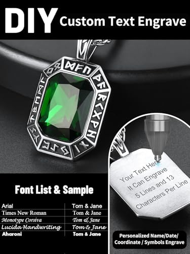 Image of ChainsHouse Viking Rune Pendant Necklace for Men Women, Punk Biker Black Metal /316L Stainless Steel Onyx Norse Vintage Amulet Necklaces with Black /Red /Green /Blue Gemstone, Send Gift Box