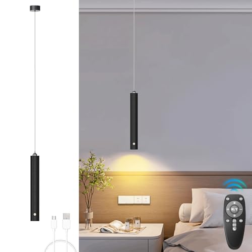 ACMHNC Pendelleuchte Akku, LED Hängelampe mit Batterie 4500mAh, Dimmbare mit Fernbedienung, Timer 1/2/4/6H, 5W Pendelleuchte Schwarz für Schlafzimmer, Esstisch, Ø4x30cm