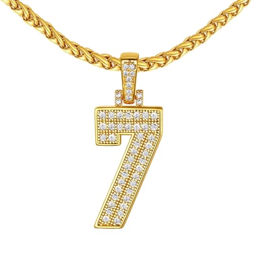 FindChic Bling Number Necklace Baseball Chain 14K Gold Plated Sports Football Pendant Hip Hop Cubic Zirconia Iced Custom Name Personalized Jewelry for Men Boys, Tennis Chain 18'' to 30'' + Gift Box
