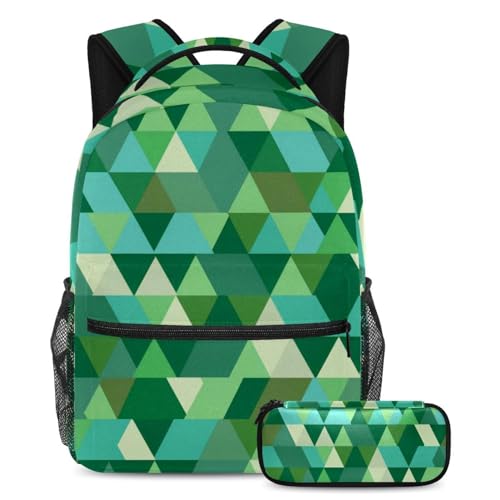 Cartables triangle vert géométrique pour enfants et ados avec trousse assortie