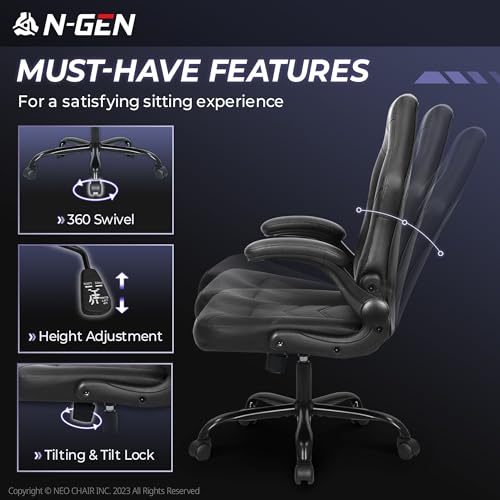 Image of N-GEN Video Gaming Computer Chair Ergonomic Desk Office Chair for Adults with Lumbar Support Flip-Up Arms Adjustable Height Swivel Wheels PU Leather Executive Design for Home and Office (Jet Black)