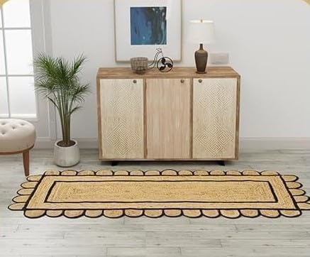 GRUHUM Alfombra de área de yute con bordes festoneados 2'6"x8' pies, tapete natural con ribete negro tejido a mano, alfombra de yute trenzada suave