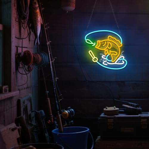 Image of Ammonite Fishing Neon Sign, LED Neon Lights for Room Wall Table Decor Art, Home Party Birthday Holiday Gift for Fishing Lovers Kids Teens Adults