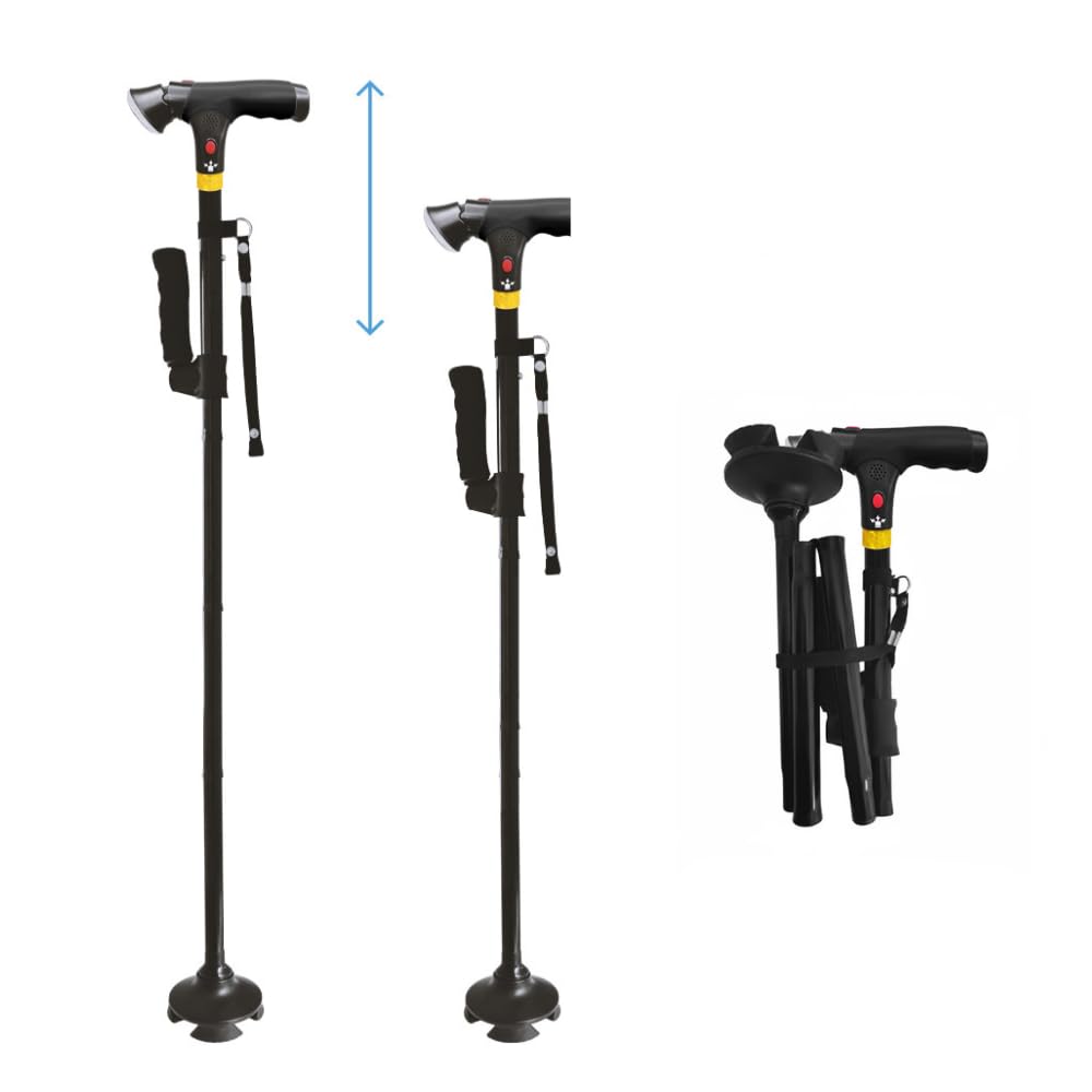 DR-HO'S Get Up & Go - Bastón de lujo plegable, altura ajustable con luz y alarma, base de 4 puntos, soporte de movilidad de doble mango para personas mayores y adultos