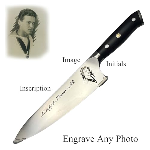 Image of Personalized Photo Chef Knife, 8.5 Inch Engraved German Stainless Kitchen Blade, Custom Image Logo or Monogram, Full Tang, Gift Boxed Corporate Wedding Gift