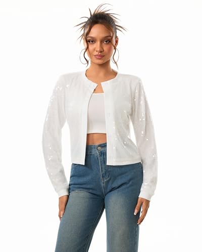 YYPBI Damen Pailetten Cardigan Glitzer Jacke Langarm Knöpfen Leichte Casual Outerwear Party Club Mantel Weiß XXL