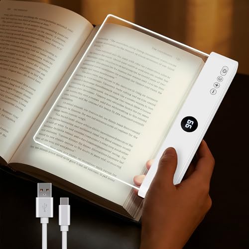 LED Reading Book Page Light - USB Rechargeable Flat Books Night Lamp - Smart Clear Read Booklight Panel - Dimmable Plate with 3 Colors & Timer - Portable Eye Care Reading Light for Bed Time (White)