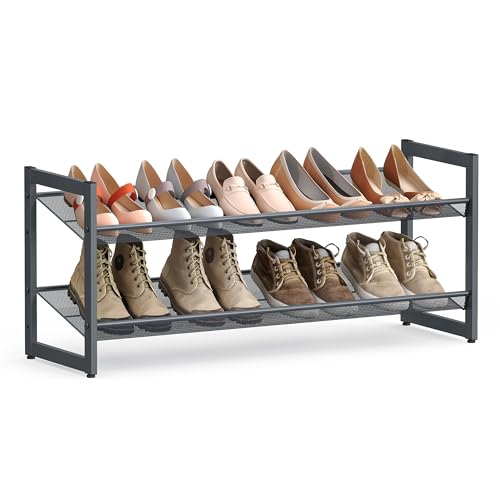 SONGMICS Shoe Rack, 2-Tier Shoe Organizer, Metal Shoe Storage for Garage, Stackable Shoe Shelf, with Adjustable Flat or Angled Shelves, 8-10 Pairs, Charcoal Gray ULMR02GB Charcoal Gray 2 Tie