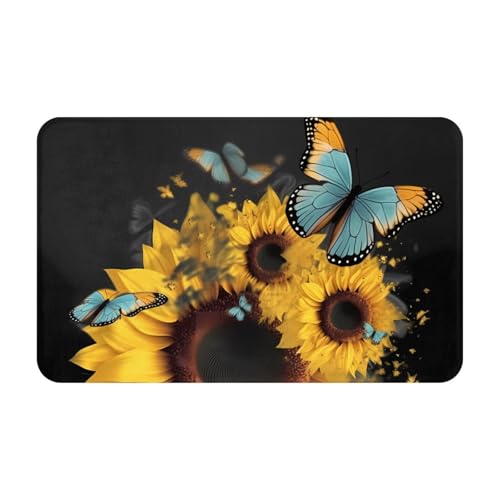 Butterflies and Sunflowers Print Living Room Bathroom Kitchen Anti Slip and Absorbent Carpet, Indoor Entrance Door Muddy Floor Mat, Ultra Soft Washable Carpet 21x31.5 Inches