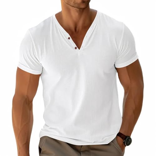 Hommes Henley T-Shirt Basic Tees Manches Courtes Hauts Décontracté Chemise Coton Bouton Col en V Léger Blanc L