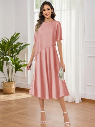 Tea Length Mother of The Bride Dresses with Cape Sequin Neck Aline Chiffon Formal Dress for Women4