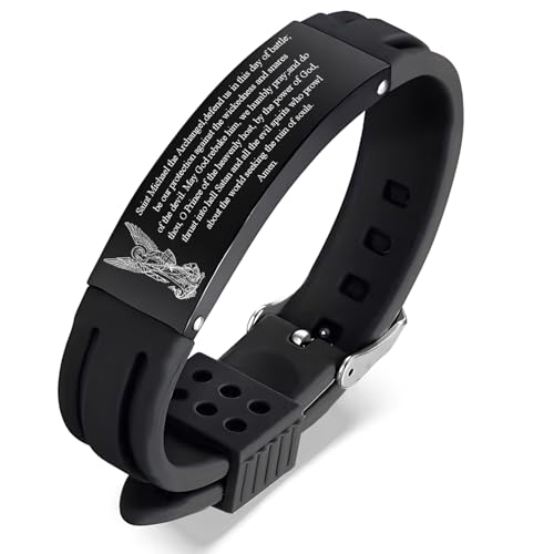 HOMLIFPER Christ Archangel St. Michael Prayer Protection Catholic Silicone Adjustable Bracelet, Religious Christian Saint Angel Amulet Bangle Christening Personalized Jewelry for Men Women (Black)