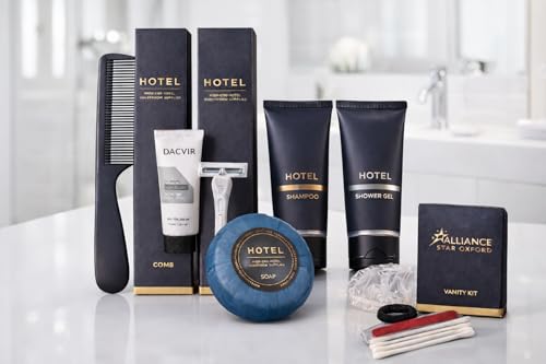Hotel Amenities Kit 8-Piece Set Including Comb Toothbrush Vanity Kit Shower Cap Soap Shampoo Shower Gel Razor Kit for Hotels and Airbnb