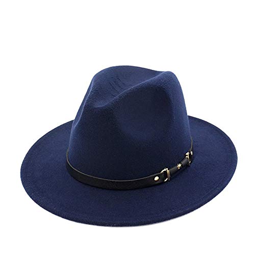 LIOONS Men's Wide Brim Fedora Hat Leather Belt Buckle Retro Autumn Winter Jazz Hat (Color : Navy blue, Size : 59-60cm)