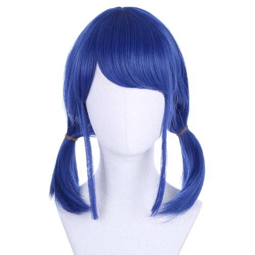 Image of Kids Dark Blue Wig with Bangs Navy Blue Short Girls Wig with Two Braid Straight Wigs for Children Daily Halloween Party Cosplay Wigs