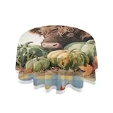 voucong Mantel redondo de 152 cm, lavable, con diseño de calabaza, ganado de las tierras altas, para otoño, otoño, protección para mesa de fiesta