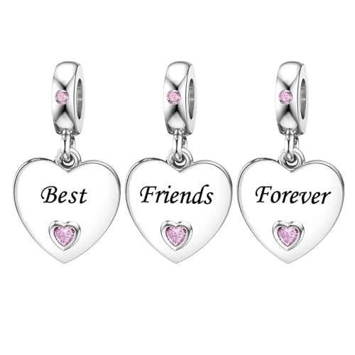 KunBead 3 pcs Best Friends Forever Friendship Pink Dangle Heart I Love You Birthday Charms...