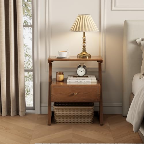 Image of Solid Wood nightstands Set of 2 with Open Shelf and Drawers, Z Wooden Set of 2 nightstands with Open Storage, Bedside Table Set of 2 for Bedroom, Modern Mid Century end Table.