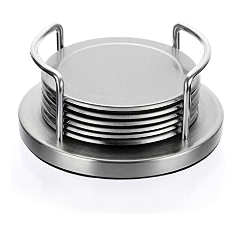 JUXYES Stainless Steel Coasters Set with Holder Cover