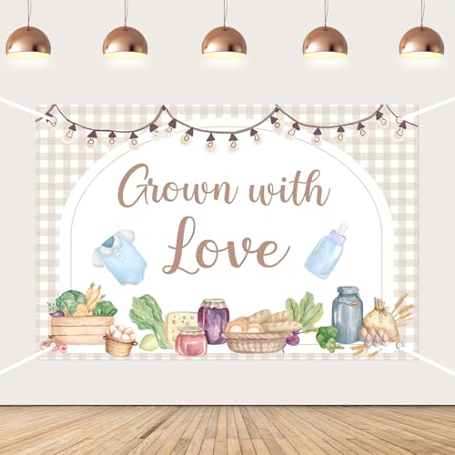 Locally Grown Baby Shower Decorations, Grown with Love Backdrop Farmers Market Baby Shower Decoration Fruit Vegetable Brown Plaid Photography Background for Kids Garden Farm Birthday Party 5 * 3ft