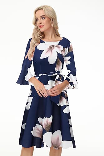 Image of Hostoyo Church Dress for Women Wedding Guest Cocktail Party Dresses Evening Prom Formal Modest Gowns Crew Neck Bell Sleeve