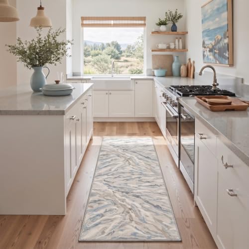 2'6"x6' Abstract Cloudy Blue Runner Rug, Washable Non Slip for Hallway